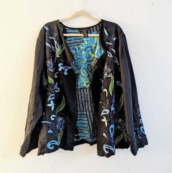 N.Y.P.L Collection Floral Embroidery Knitted Cardigan Black Blue 3X - Picture 1 of 5